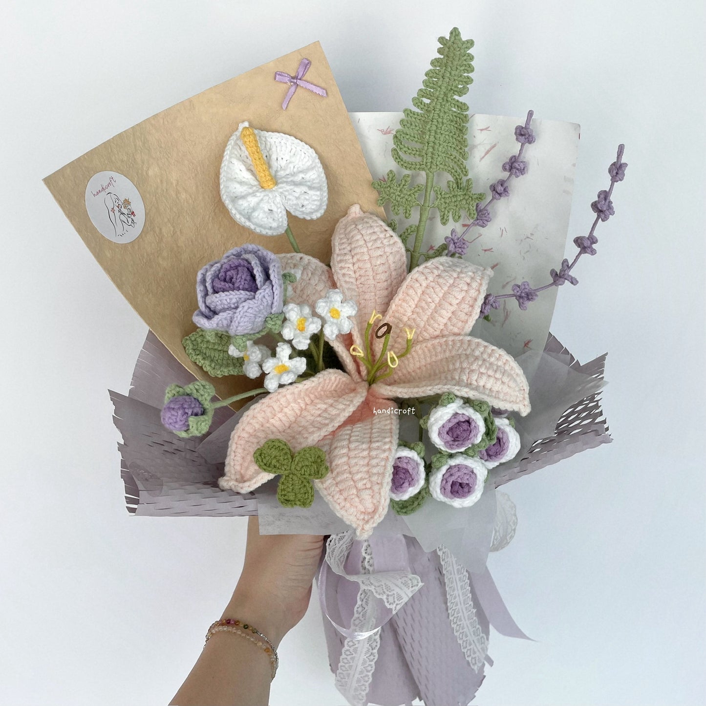 handicroft handmade crochet purple lilac lily flower bouquet lily in lilac skies
