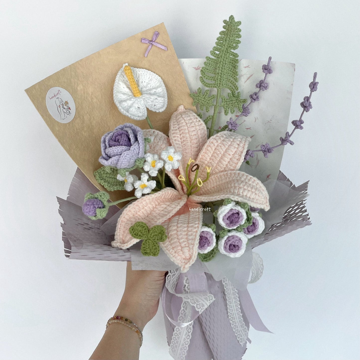 handicroft handmade crochet purple lilac lily flower bouquet lily in lilac skies