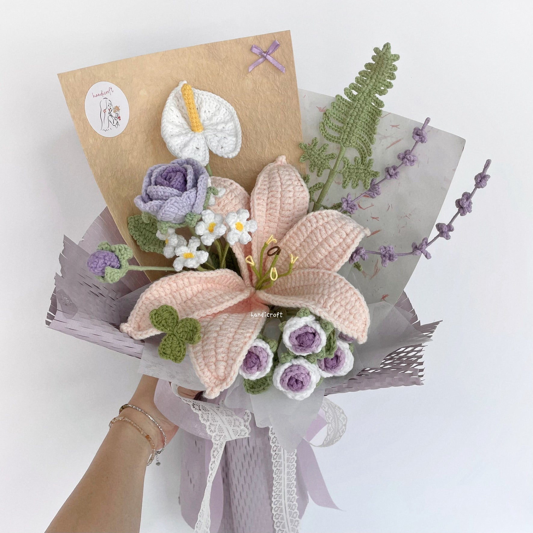 handicroft handmade crochet purple lilac lily flower bouquet lily in lilac skies