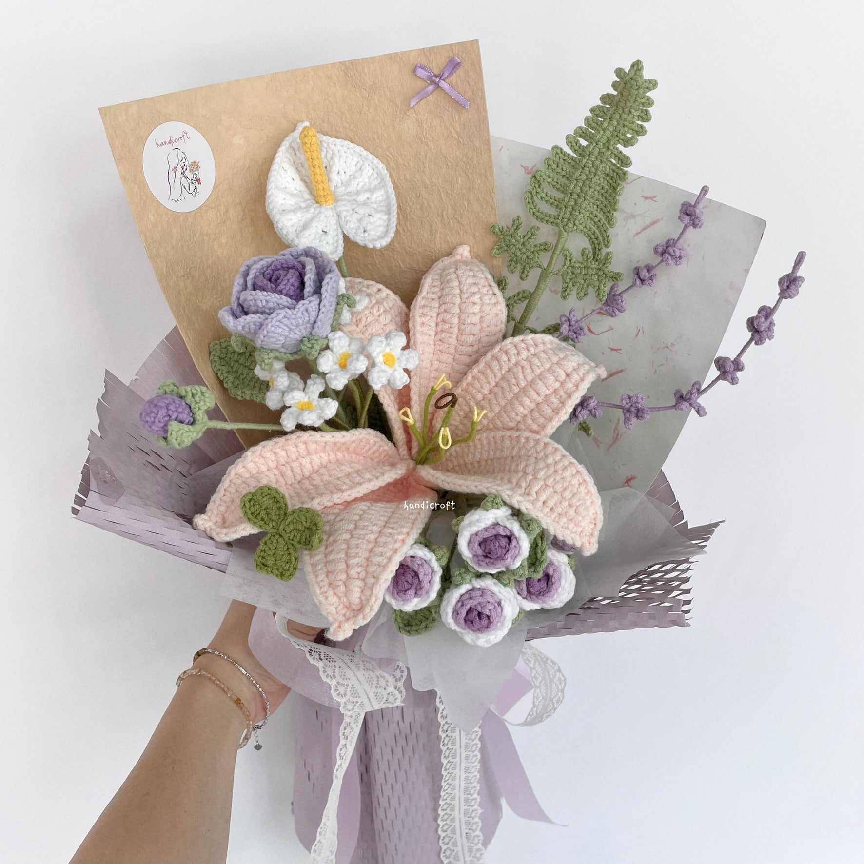 handicroft handmade crochet purple lilac lily flower bouquet lily in lilac skies