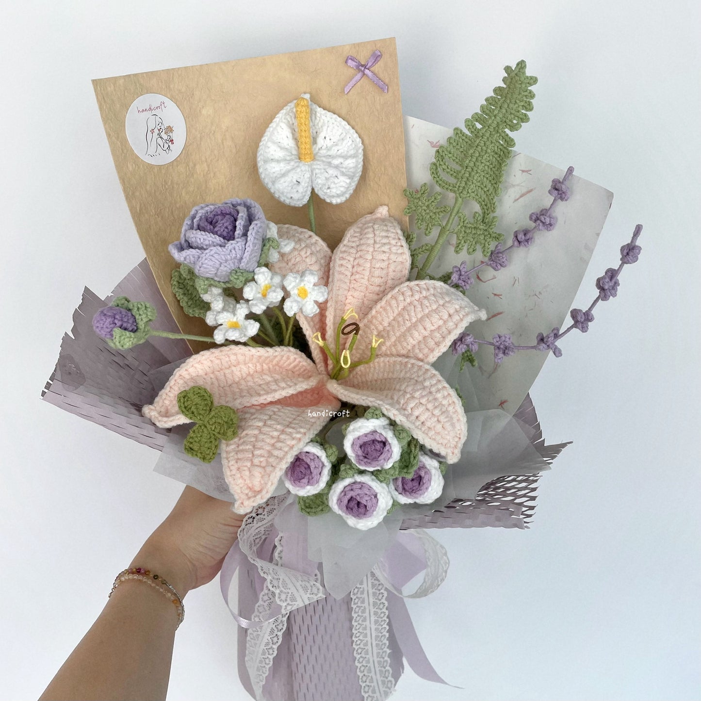 handicroft handmade crochet purple lilac lily flower bouquet lily in lilac skies