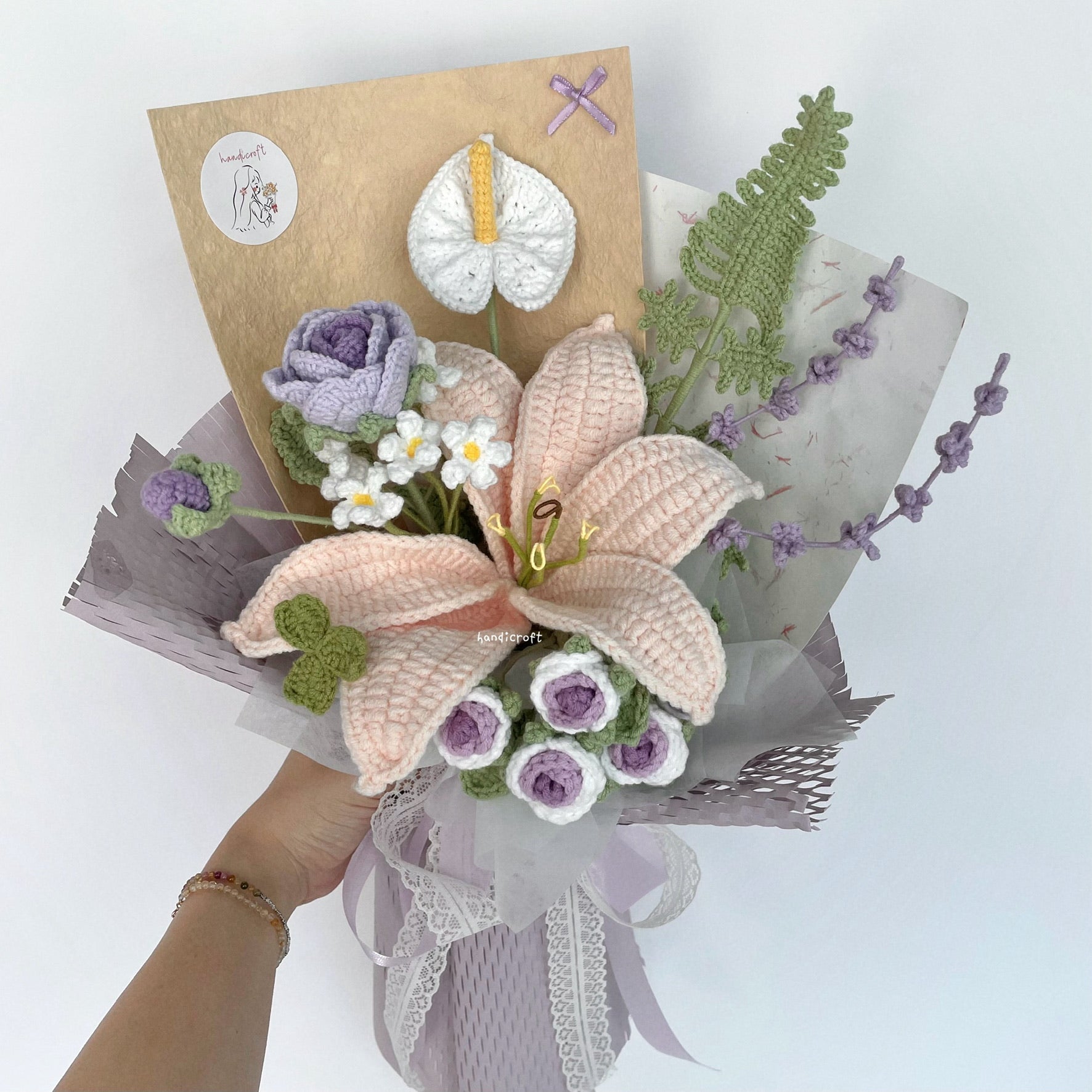 handicroft handmade crochet purple lilac lily flower bouquet lily in lilac skies