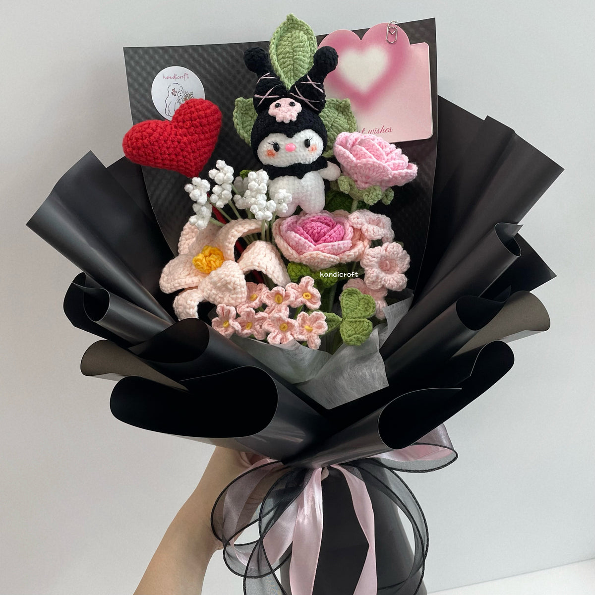 handicroft handmade crochet rabbit bunny flower bouquet sugar & spice black bunny