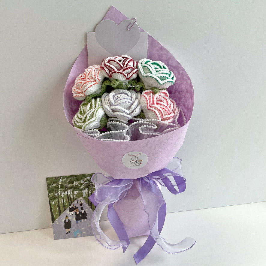 handicroft handmade crochet rainbow roses flower bouquet subtle beauty purple