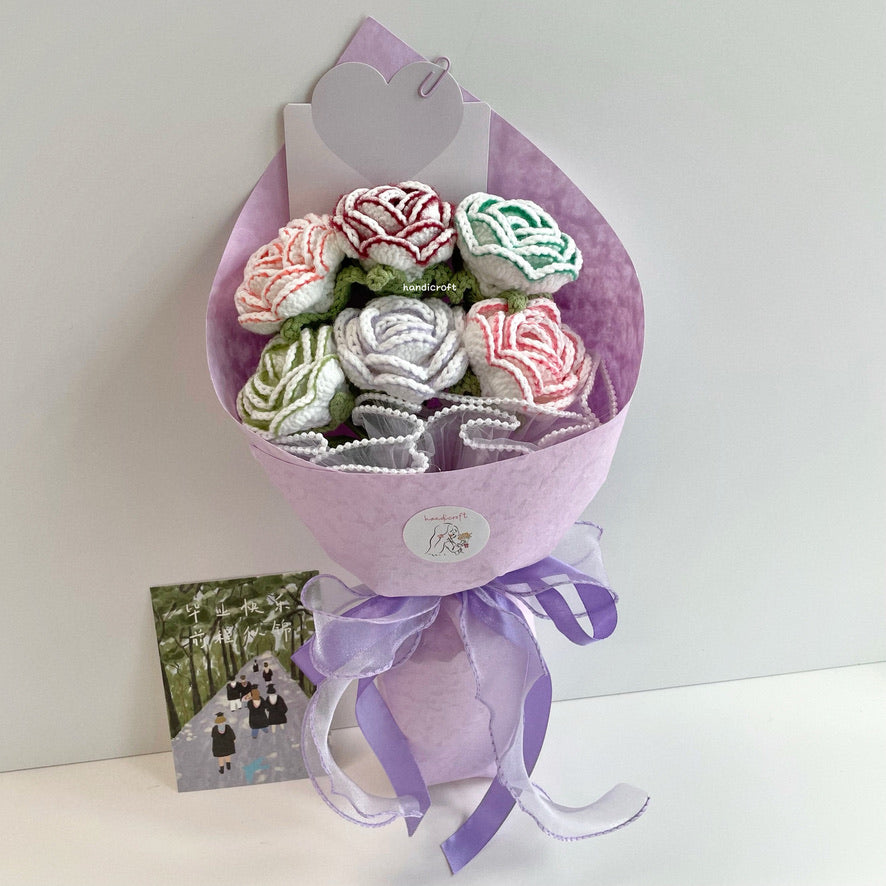 handicroft handmade crochet rainbow roses flower bouquet subtle beauty purple
