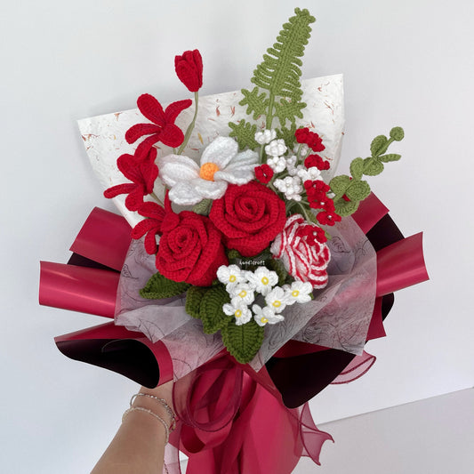 handicroft handmade crochet red & white flower bouquet scarlet petals