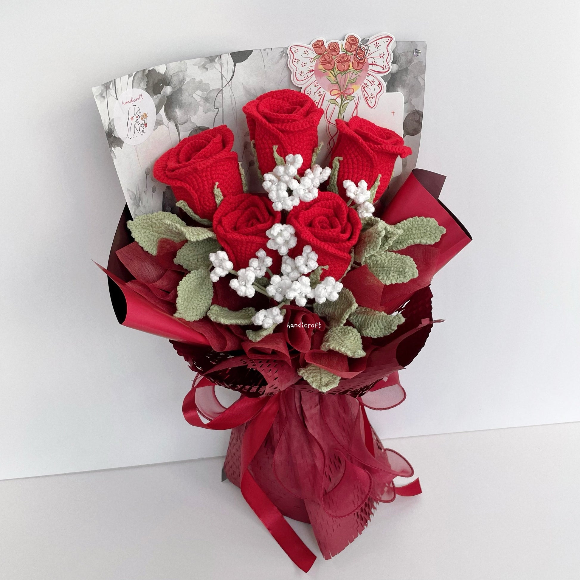 handicroft handmade crochet red wineglass roses flower bouquet cherry toast to love