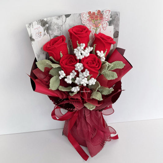 handicroft handmade crochet red wineglass roses flower bouquet cherry toast to love