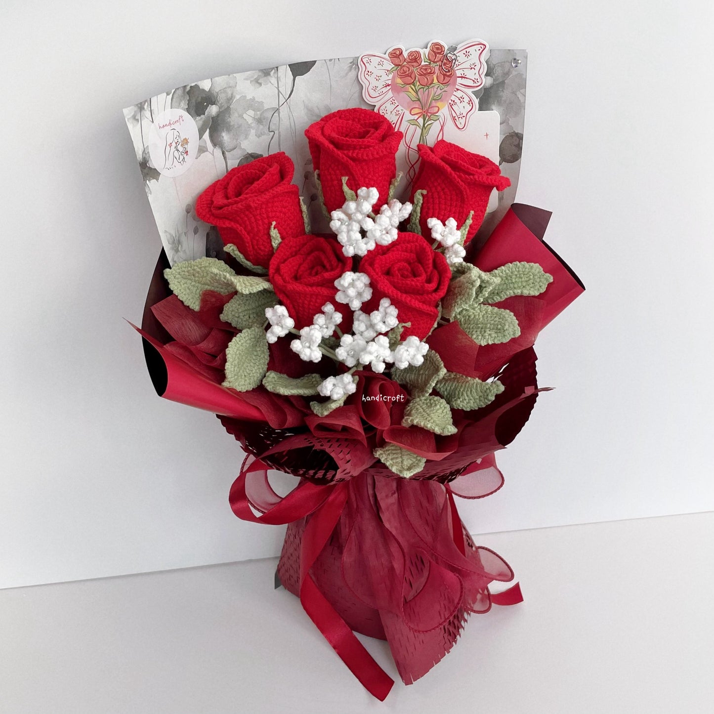 handicroft handmade crochet red wineglass roses flower bouquet cherry toast to love