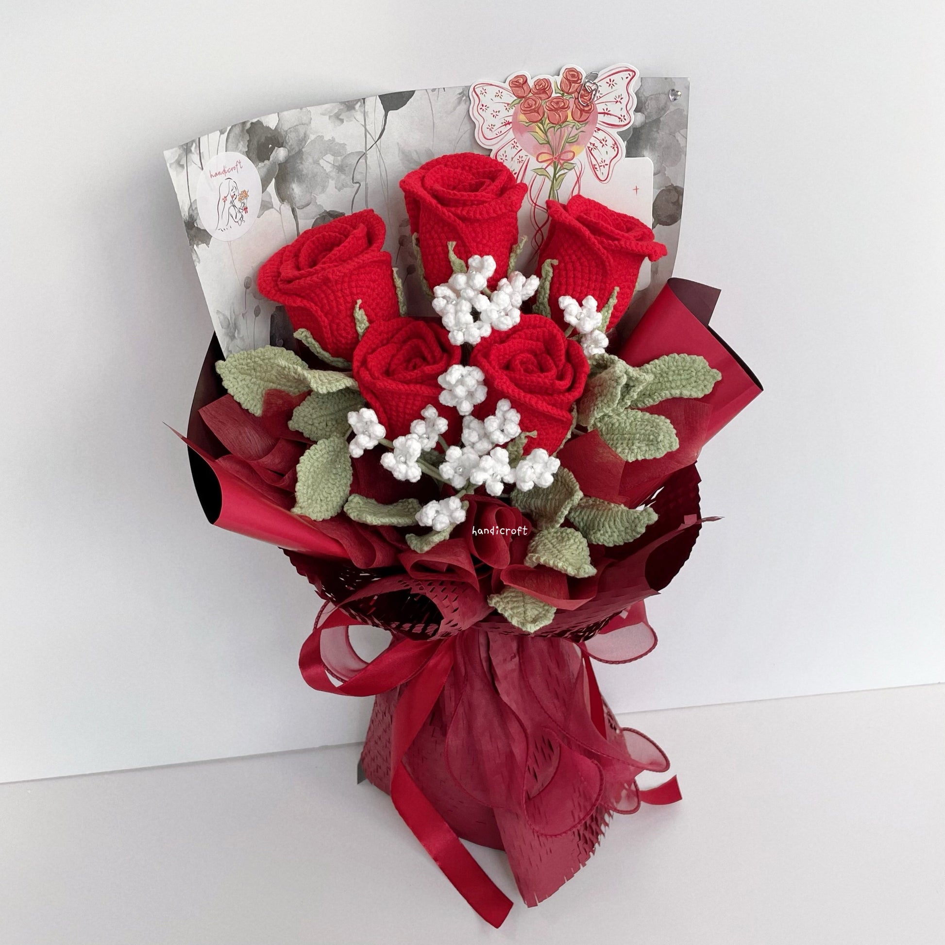 handicroft handmade crochet red wineglass roses flower bouquet cherry toast to love