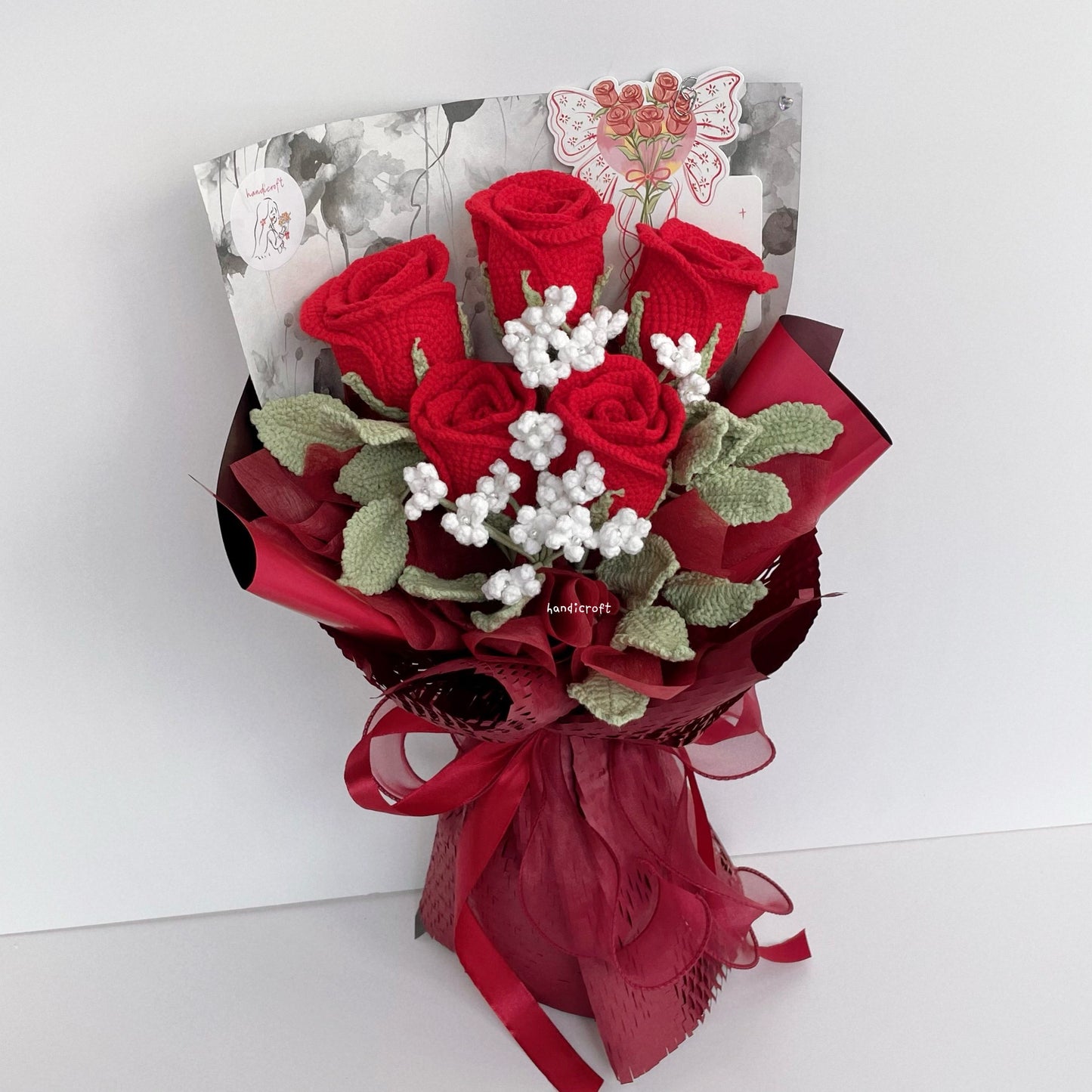 handicroft handmade crochet red wineglass roses flower bouquet cherry toast to love