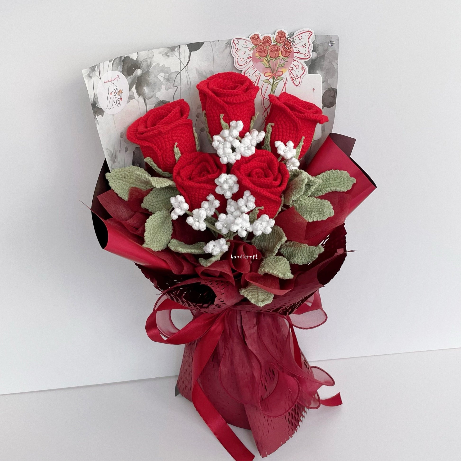 handicroft handmade crochet red wineglass roses flower bouquet cherry toast to love