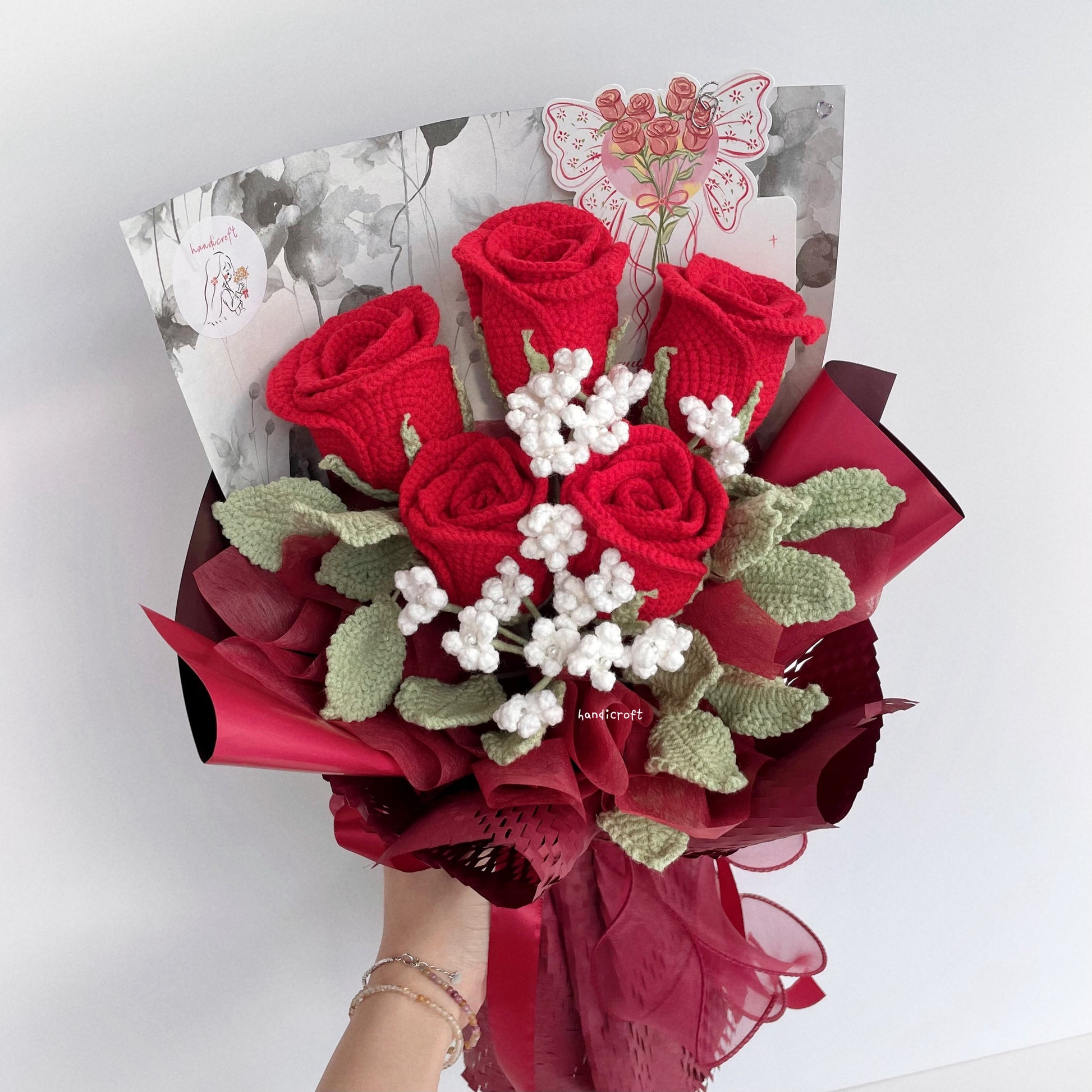 handicroft handmade crochet red wineglass roses flower bouquet cherry toast to love