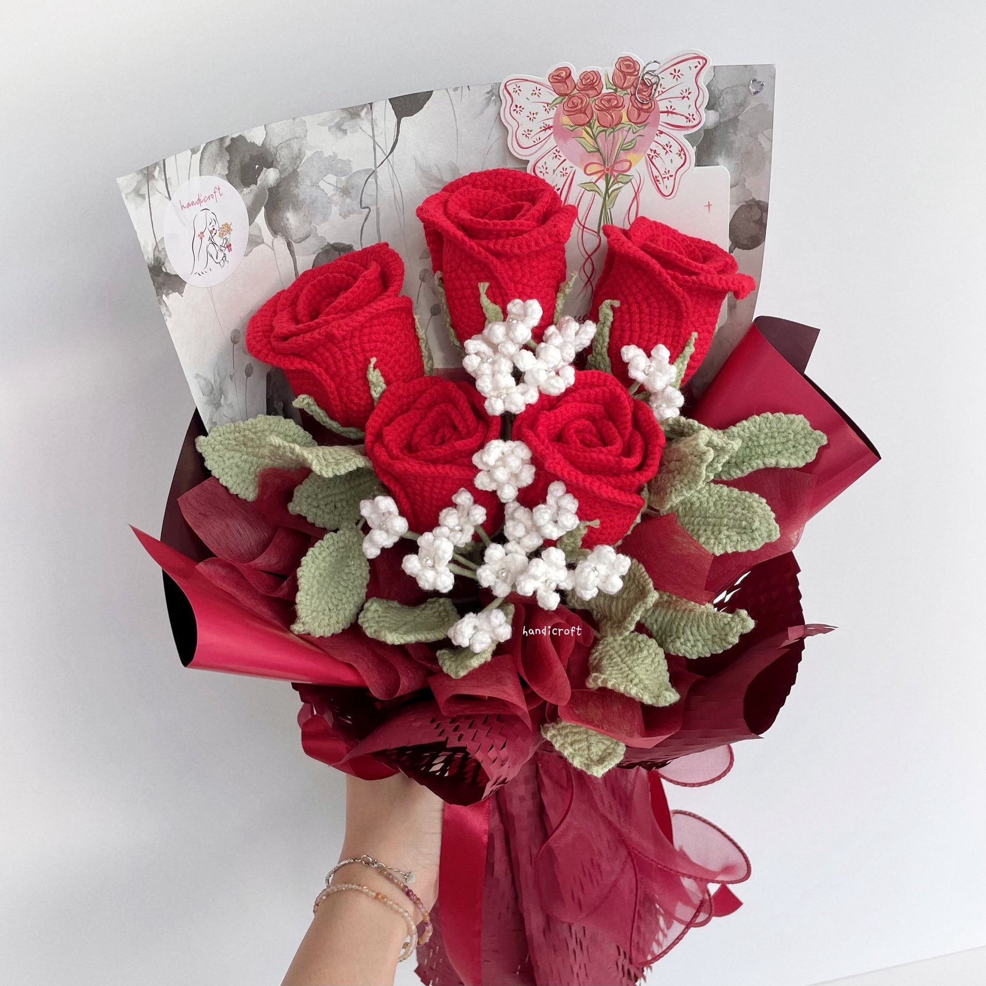 handicroft handmade crochet red wineglass roses flower bouquet cherry toast to love