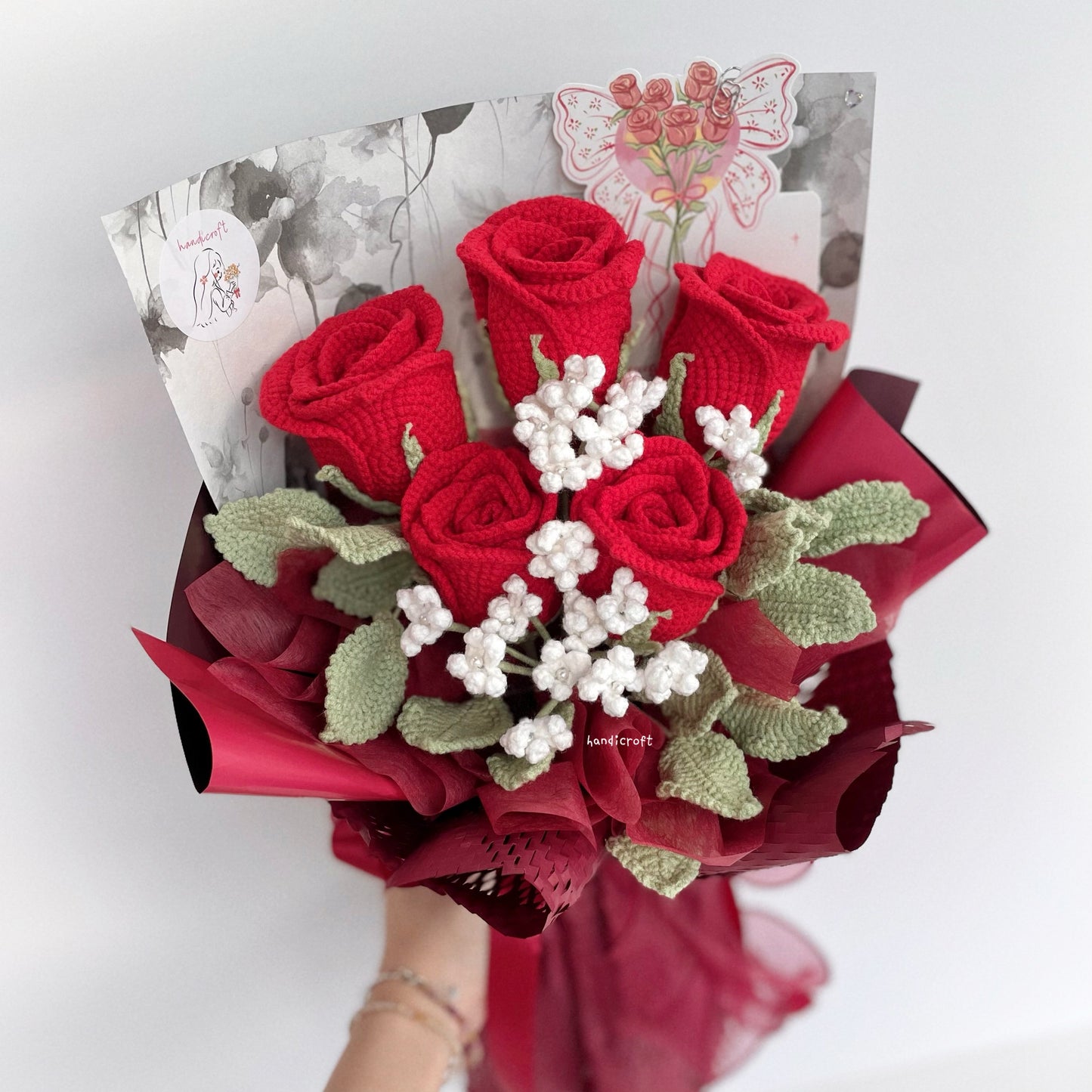 handicroft handmade crochet red wineglass roses flower bouquet cherry toast to love