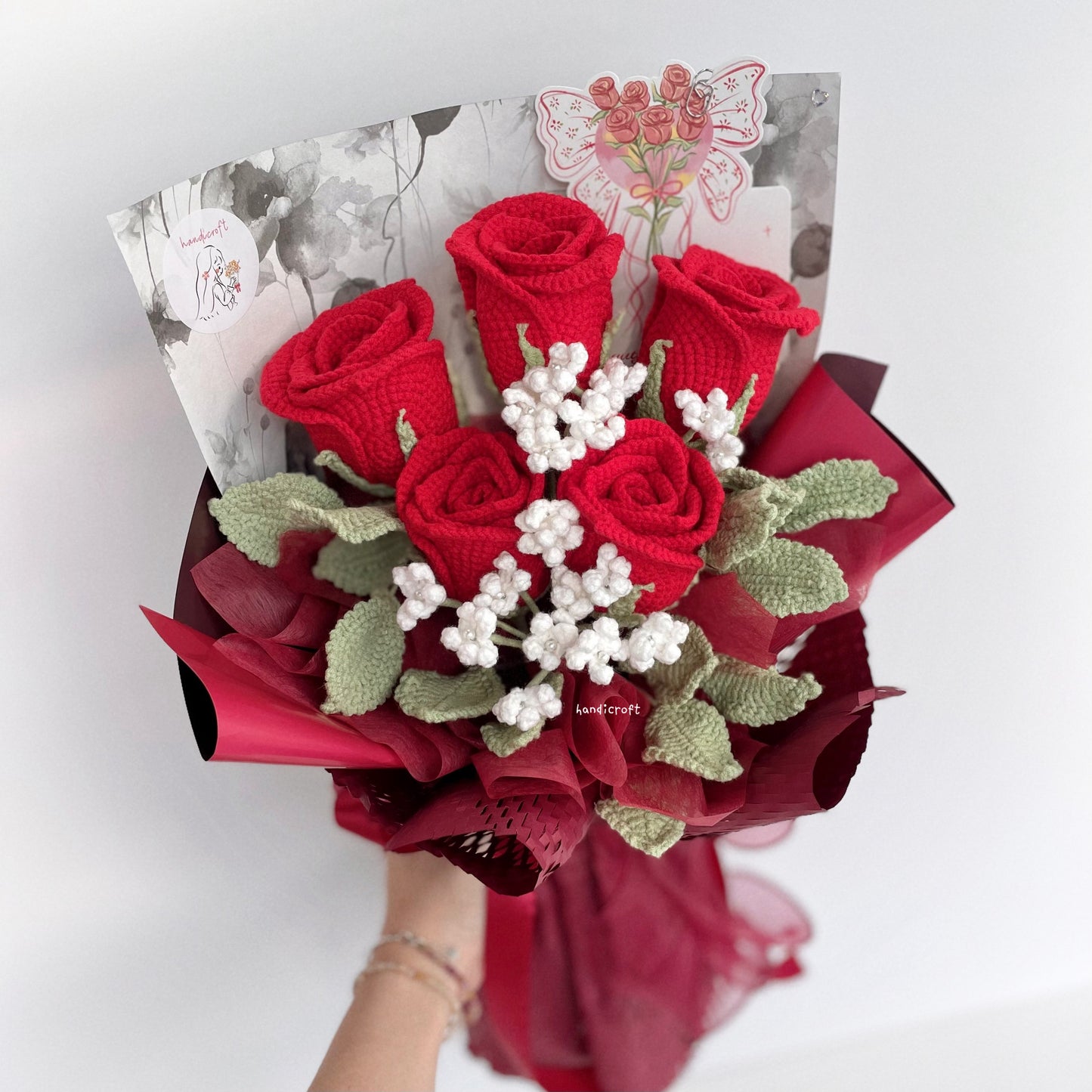 handicroft handmade crochet red wineglass roses flower bouquet cherry toast to love