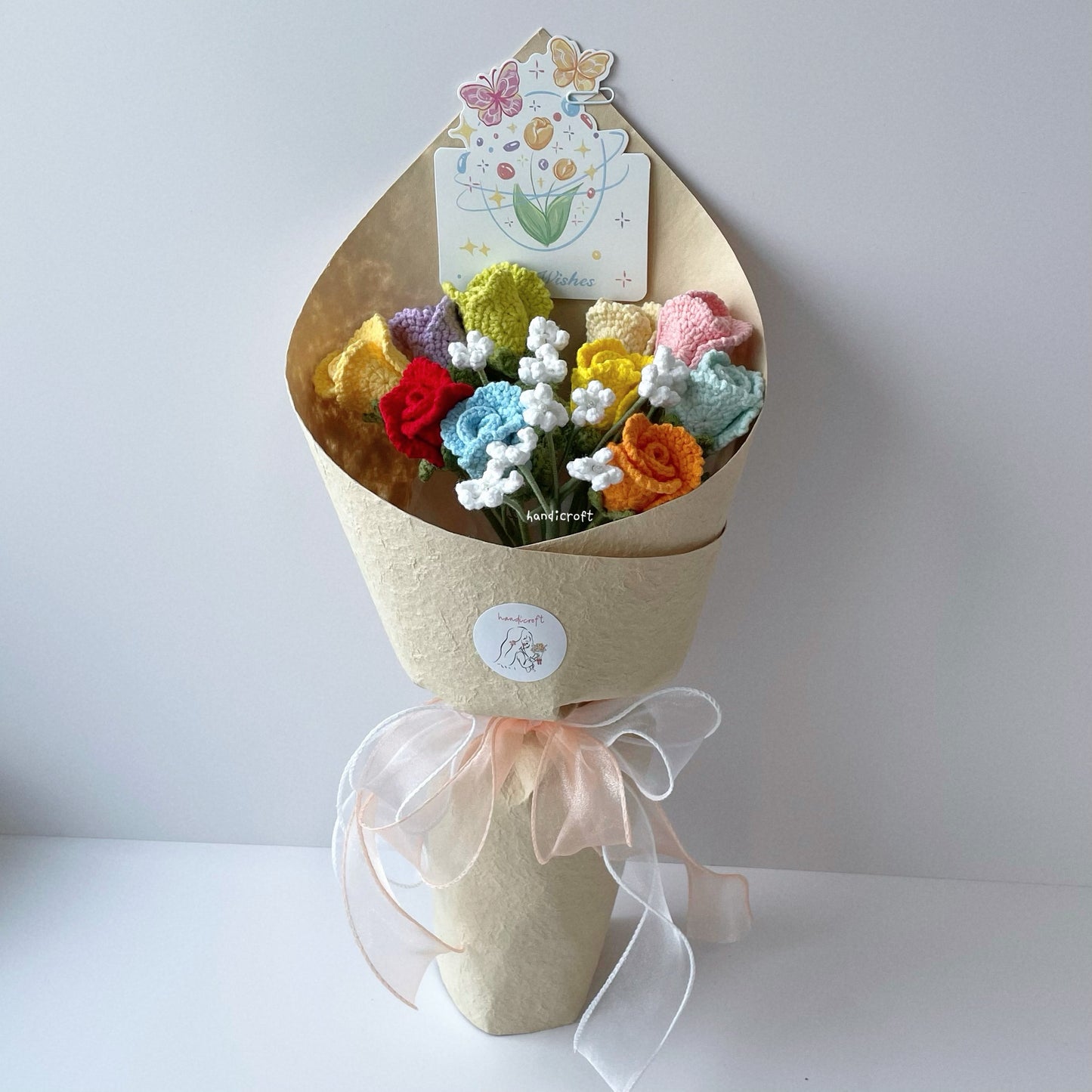 handicroft handmade crochet roselle roses rainbow flower bouquet