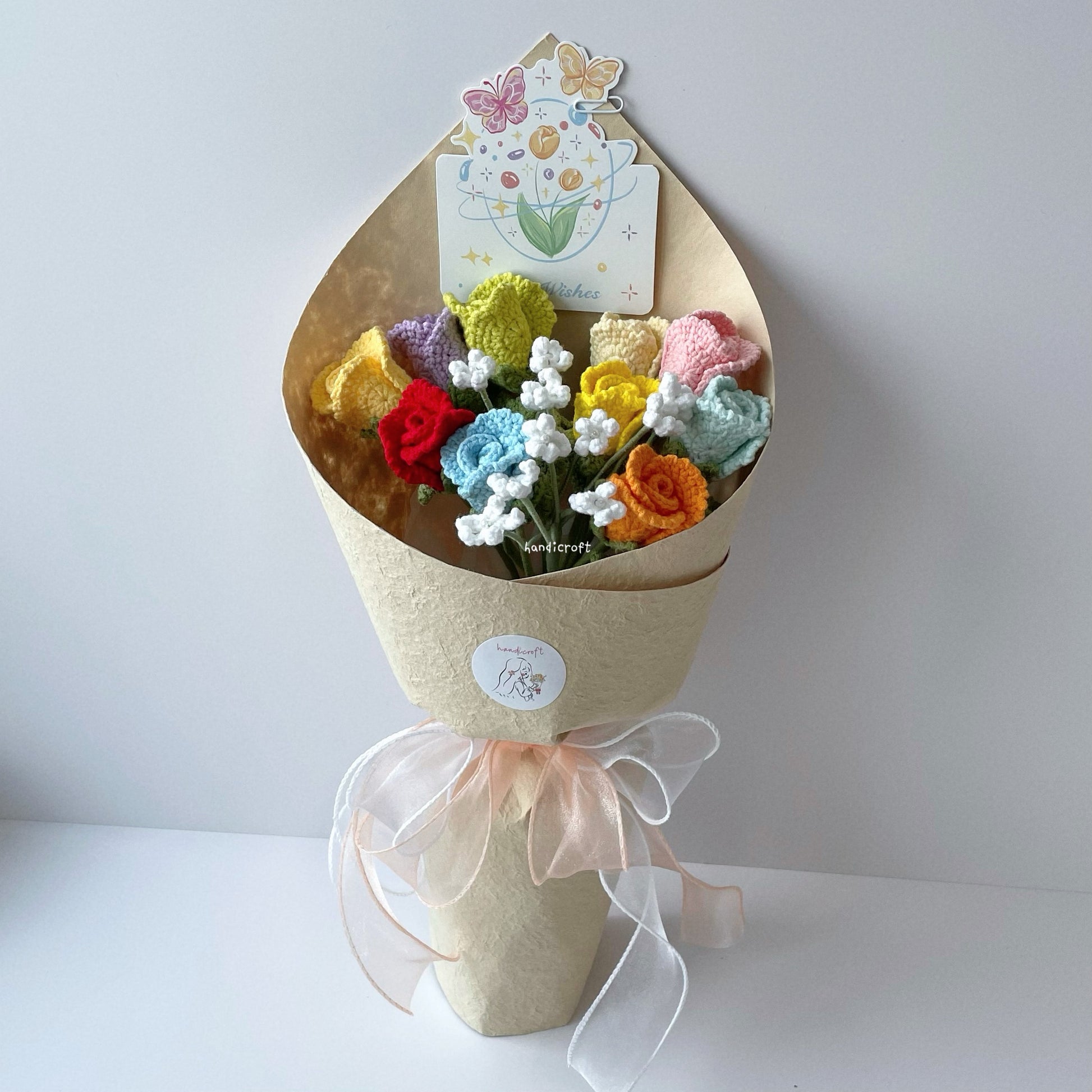 handicroft handmade crochet roselle roses rainbow flower bouquet