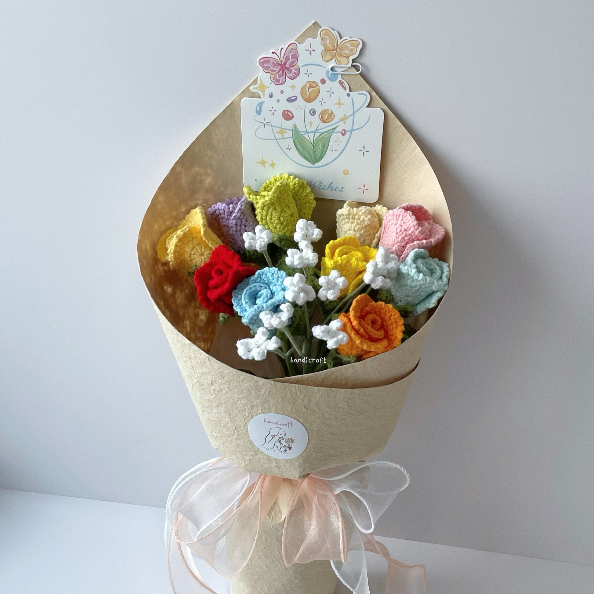 handicroft handmade crochet roselle roses rainbow flower bouquet