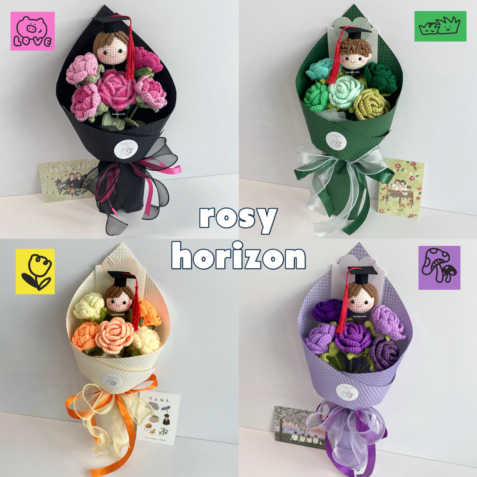 handicroft handmade crochet roses graduation flower bouquet rosy horizon