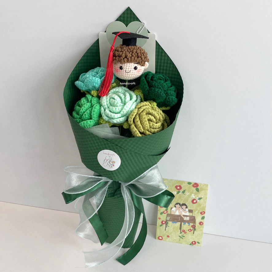 handicroft handmade crochet roses graduation flower bouquet rosy horizon green