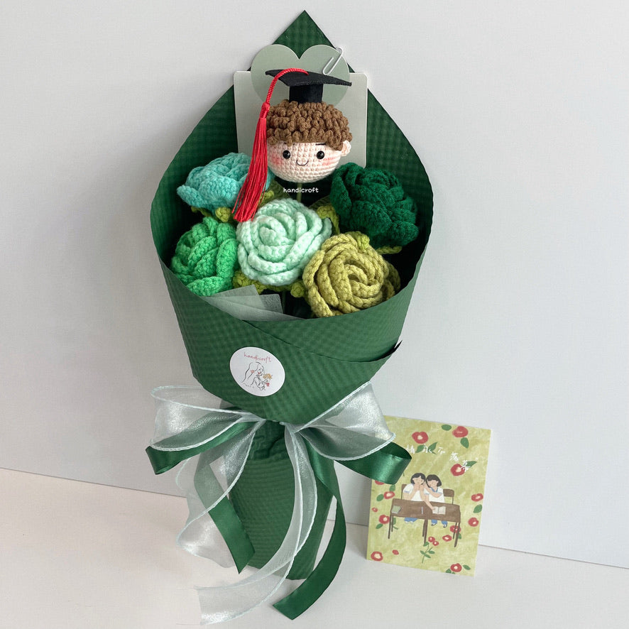 handicroft handmade crochet roses graduation flower bouquet rosy horizon green