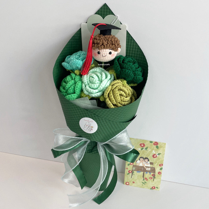 handicroft handmade crochet roses graduation flower bouquet rosy horizon green