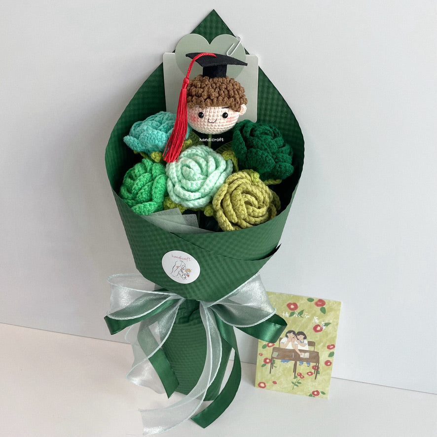 handicroft handmade crochet roses graduation flower bouquet rosy horizon green