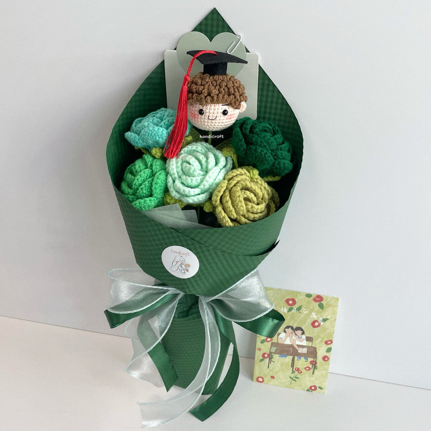 handicroft handmade crochet roses graduation flower bouquet rosy horizon green