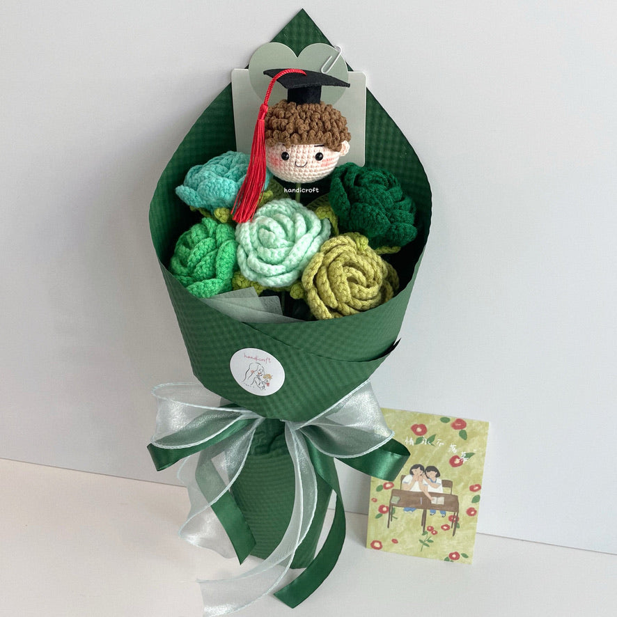 handicroft handmade crochet roses graduation flower bouquet rosy horizon green