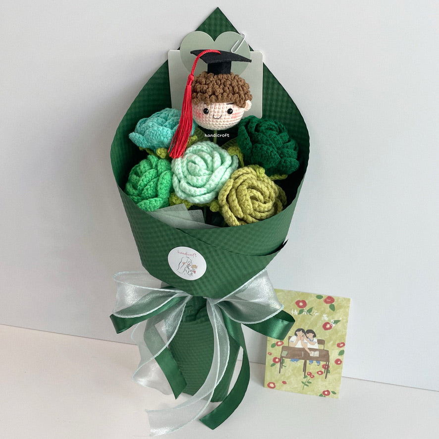 handicroft handmade crochet roses graduation flower bouquet rosy horizon green