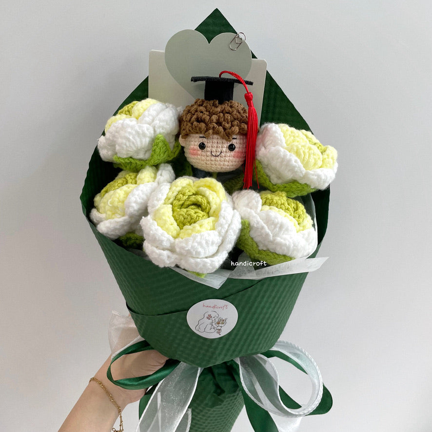 handicroft handmade crochet roses graduation flower bouquet rosy horizon green fields green