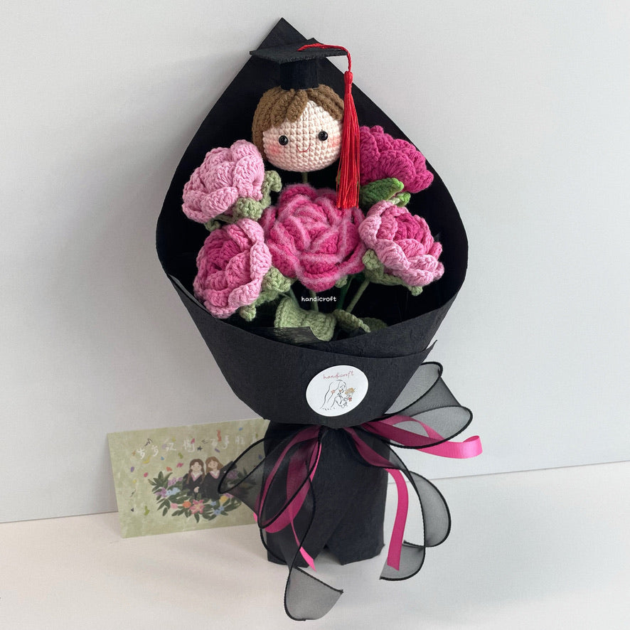 handicroft handmade crochet roses graduation flower bouquet rosy horizon pink
