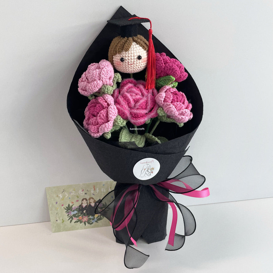 handicroft handmade crochet roses graduation flower bouquet rosy horizon pink