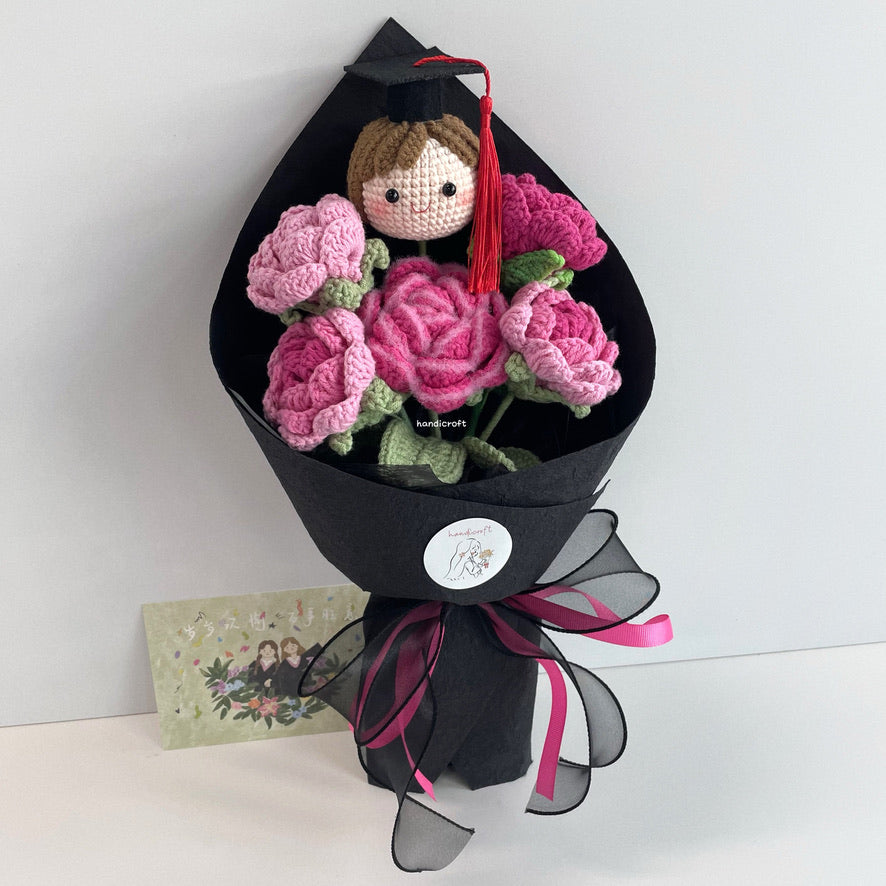 handicroft handmade crochet roses graduation flower bouquet rosy horizon pink