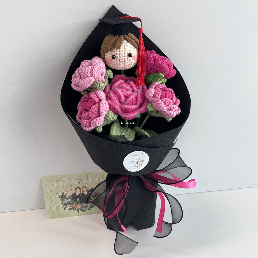 handicroft handmade crochet roses graduation flower bouquet rosy horizon pink
