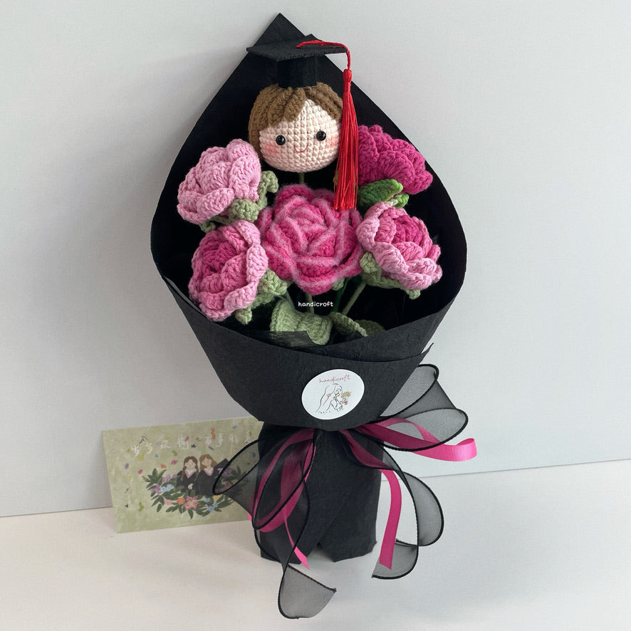 handicroft handmade crochet roses graduation flower bouquet rosy horizon pink