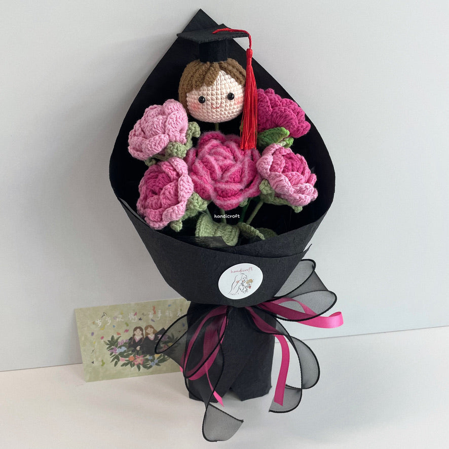 handicroft handmade crochet roses graduation flower bouquet rosy horizon pink