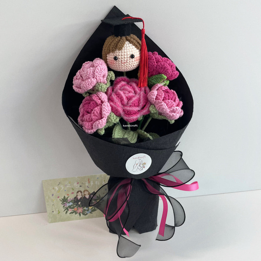 handicroft handmade crochet roses graduation flower bouquet rosy horizon pink