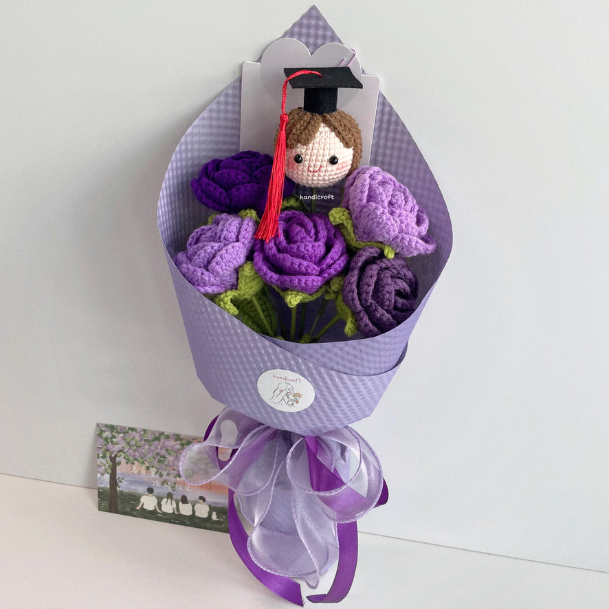 handicroft handmade crochet roses graduation flower bouquet rosy horizon purple