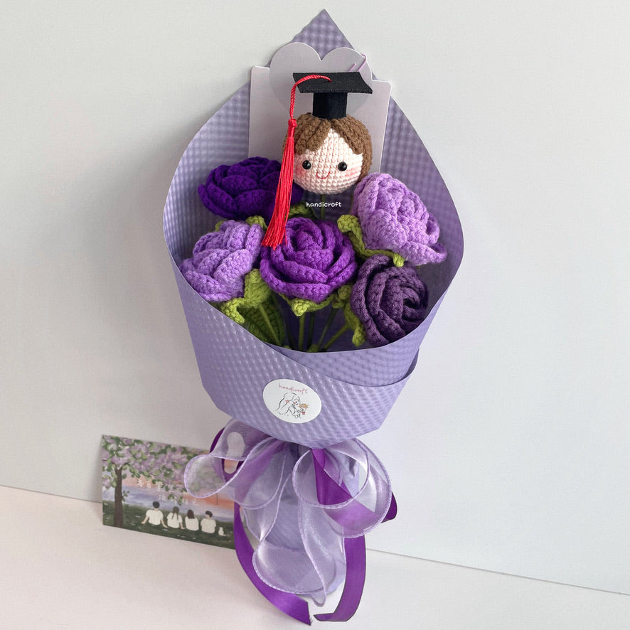handicroft handmade crochet roses graduation flower bouquet rosy horizon purple