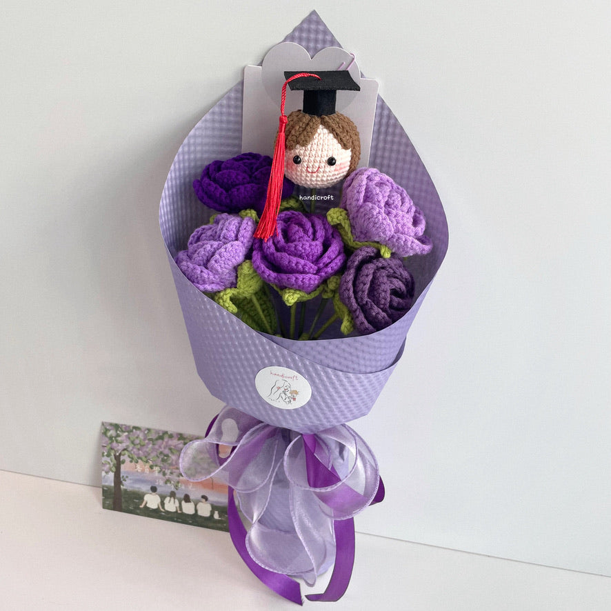 handicroft handmade crochet roses graduation flower bouquet rosy horizon purple