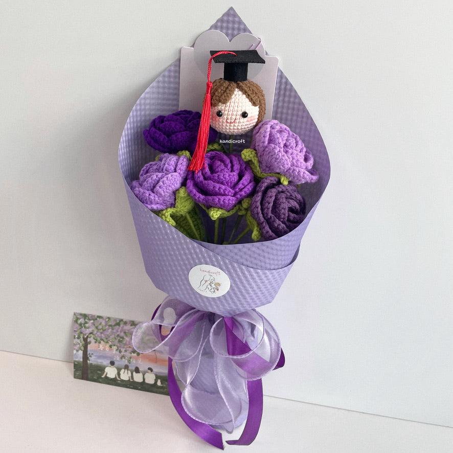 handicroft handmade crochet roses graduation flower bouquet rosy horizon purple