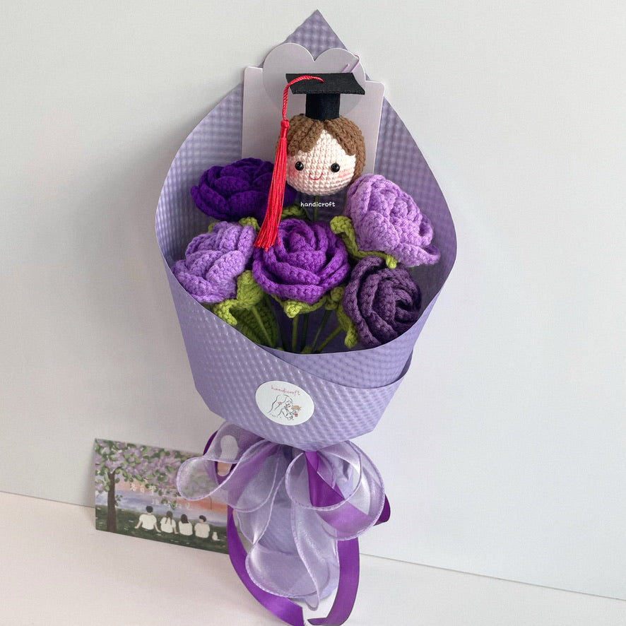 handicroft handmade crochet roses graduation flower bouquet rosy horizon purple