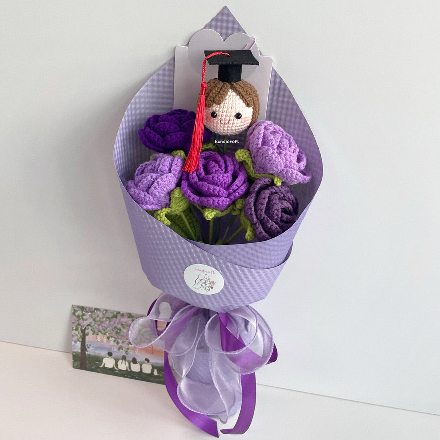 handicroft handmade crochet roses graduation flower bouquet rosy horizon purple