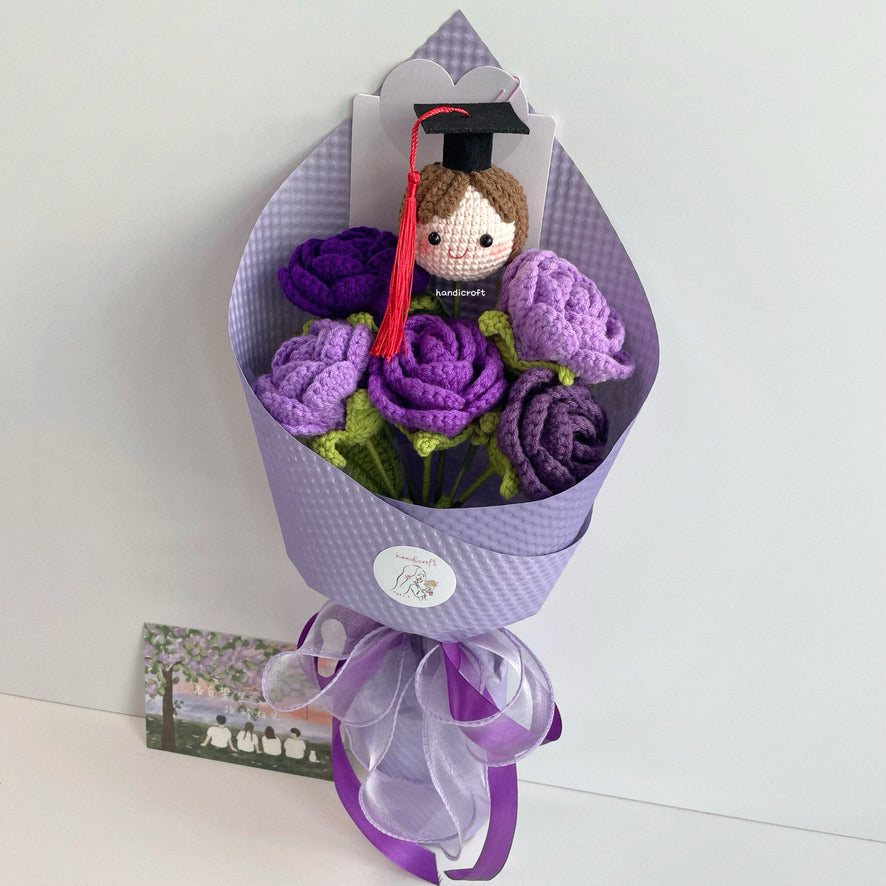 handicroft handmade crochet roses graduation flower bouquet rosy horizon purple