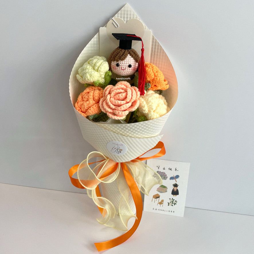 handicroft handmade crochet roses graduation flower bouquet rosy horizon yellow