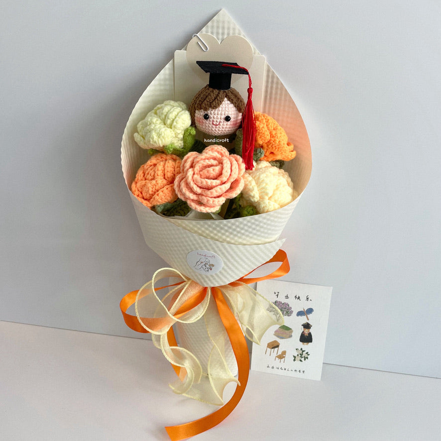 handicroft handmade crochet roses graduation flower bouquet rosy horizon yellow