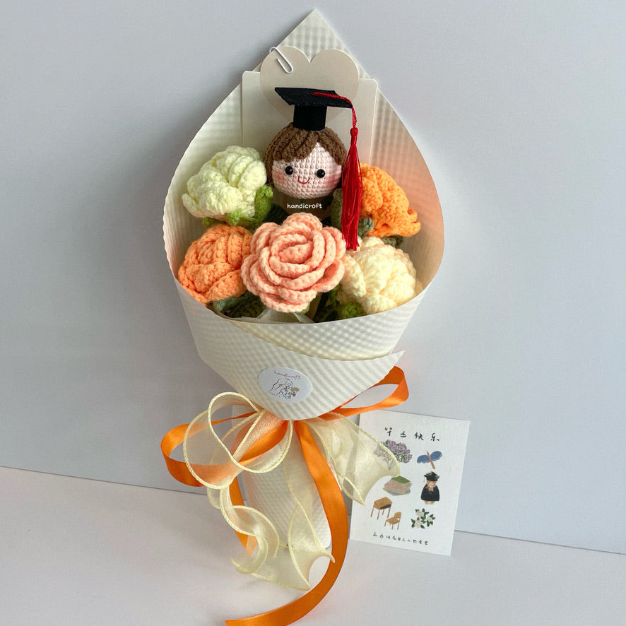 handicroft handmade crochet roses graduation flower bouquet rosy horizon yellow