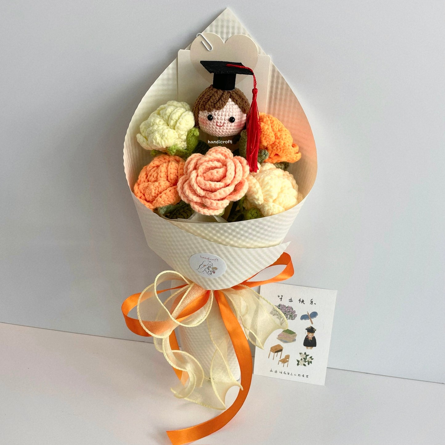 handicroft handmade crochet roses graduation flower bouquet rosy horizon yellow